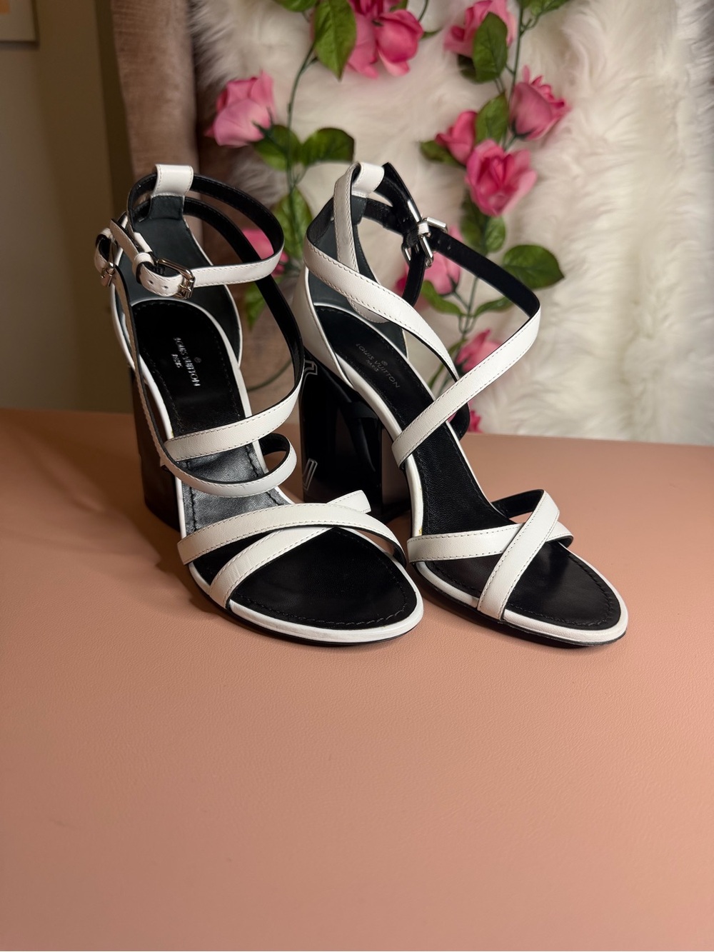 Louis Vuitton White Black Leather Horizon Block Heel Ankle Strap Sandals 36.5